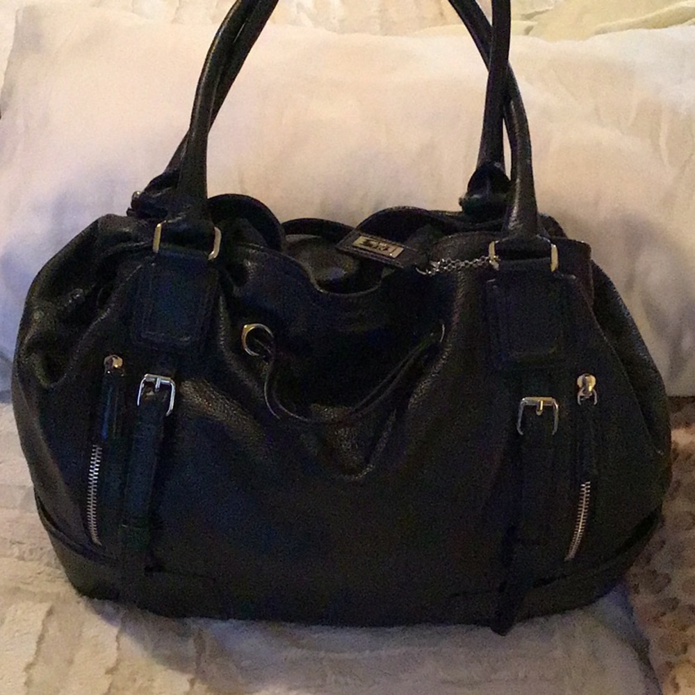 Cole Haan navy blue pebble leather shoulder bag.